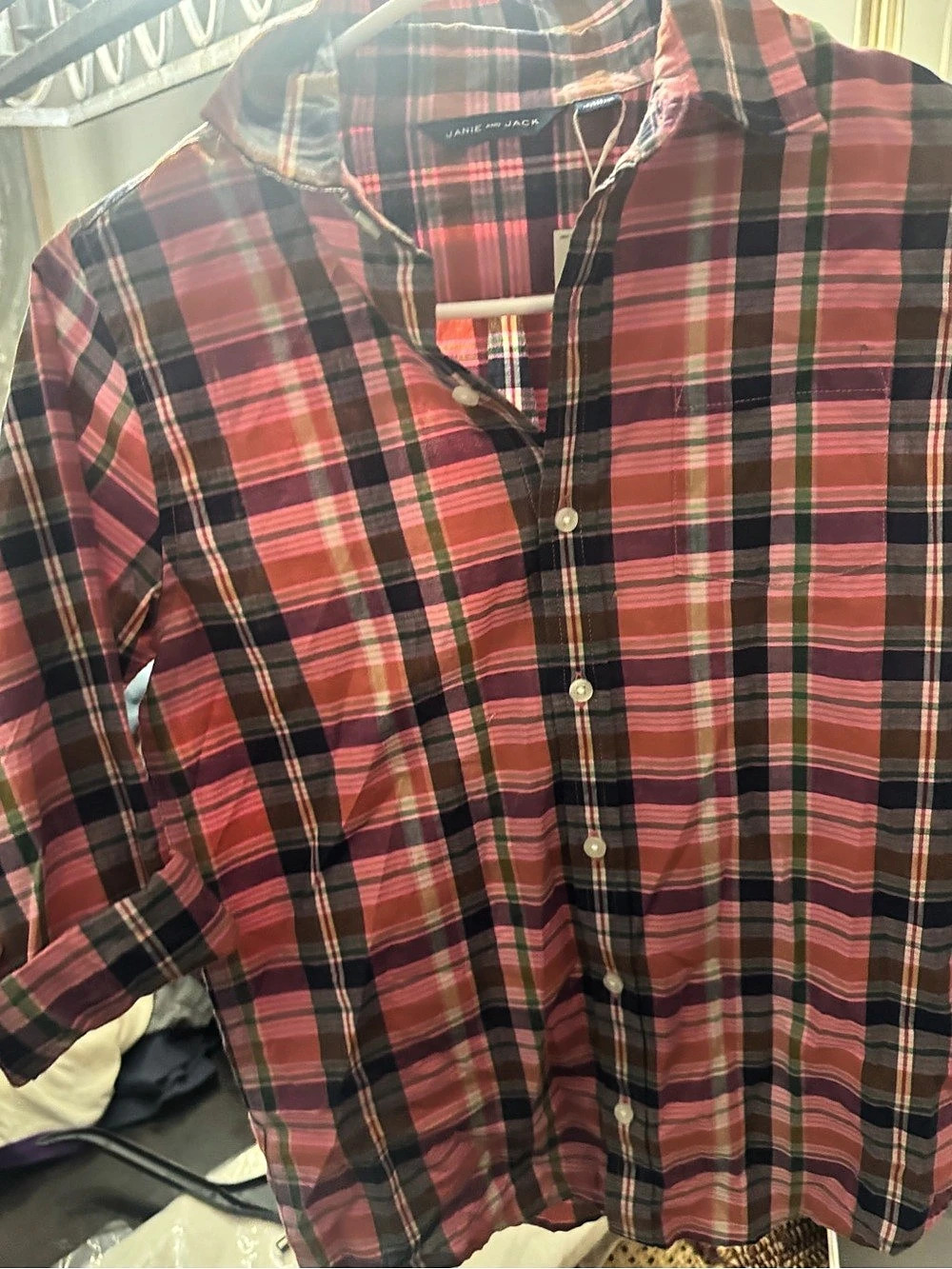 Janie and Jack Boys Plaid Button Down pink25 & Green Size 10 NWT